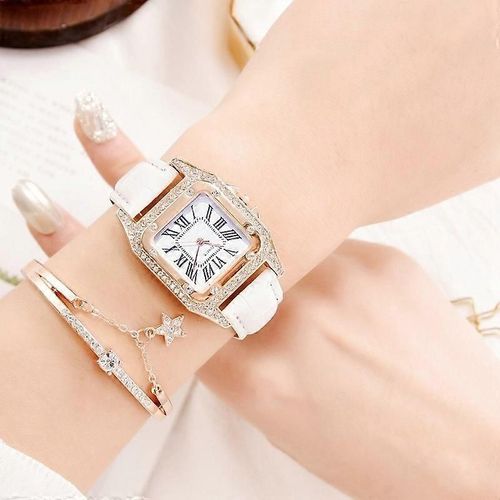 Montre À Quartz À Bracelet Carré Tonneau Pour Femmes, Couleur : Blanc + Bracelet