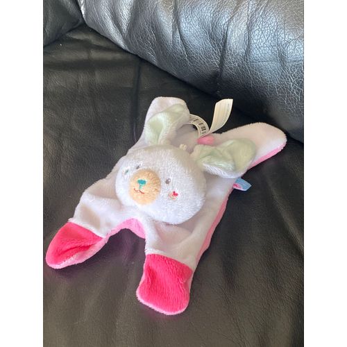 Doudou Plat Lapin Sucre D'orge Rose Blanc Fleurs 23cm