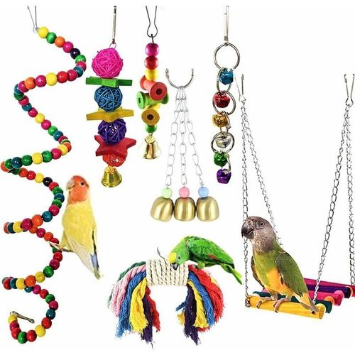 Lot De 7 Jouets Pour Perroquet Pour Cage À Oiseaux, Balançoire À Mâcher Perchoirs En Bois Pour Conures, Cacaques, Aras, Perchoirs Et Charmants Oiseaux