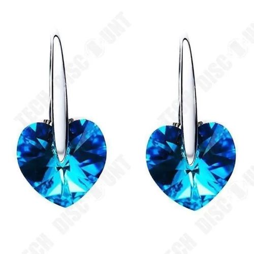 Boucles D'oreilles - Femme - Coeur Océan - Cristal - Argent - Strass Bleu Et Argent