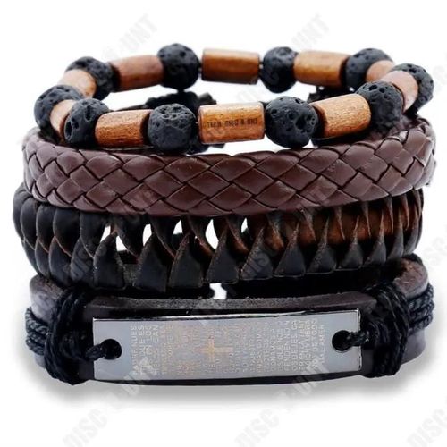 Td® Ensemble En Cuir Bracelet Pour Homme Pierre Volcanique Perles En Bois Bracelet En Cuir Tressé Rétro Ensemble De 4 Pièces
