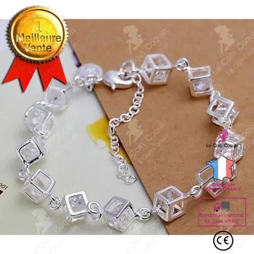 Lcc® Bracelet Gourmette Cadeau Idéal Pour Femme/Fille Suite De Cubes Avec Cristaux Zirconium L¿Intérieur/Bracelet Argent 925 /100