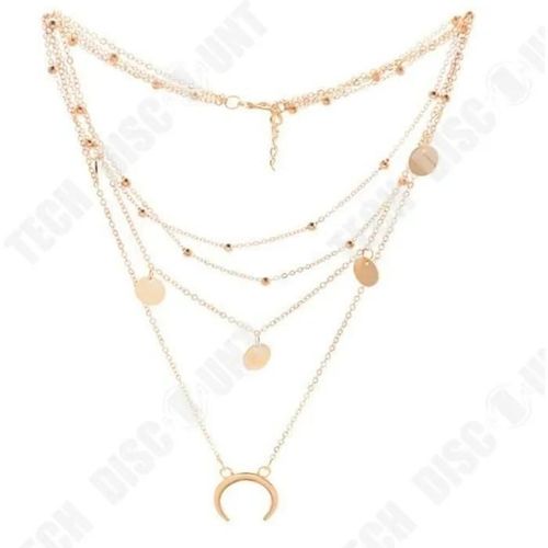 Td® Sautoir Collier Pendentif Doré Plaque Rond Lune Chaîne Ras Du Cou Multi-Rangs Cadeau Femme Usage Quotidien Toutes Occasions