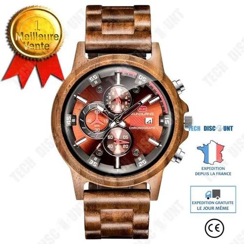 Td® Montre En Noyer Naturel Et Alliage - Couleur Rouge Noir Multifonction - Apparence Sportive Et Luxueuse Montre Mouvement Quartz