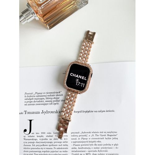 Chaîne De Perles En Métal De Style Petit Parfum, Adaptée Au Bracelet Apple Watch S8, Iwatch 6e Génération 754se-Bracelet En Or Rose + Boîtier En Diamant - 42 Mm