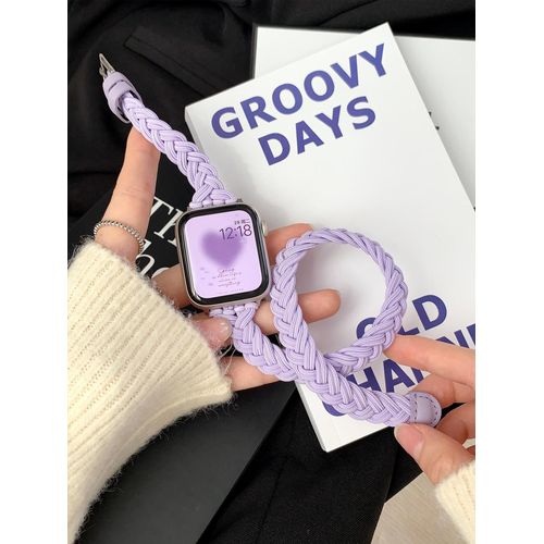 Applicable Au Bracelet Apple Watch Tressé Double Boucle S8 Bracelet Apple Watch Iwatch Femme 44 Mm Nylon Cuir-Tresse Élastique Double Boucle - Lavande - 38 Mm/40 Mm/41 Mm