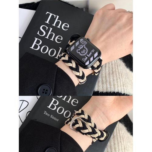 Applicable Au Bracelet Apple Watch Tressé Double Boucle S8 Bracelet Apple Watch Iwatch Femme 44 Mm Nylon Cuir-Tresse Élastique Double Boucle - Noir + Kaki - 42 Mm/44 Mm/45 Mm/49 Mm