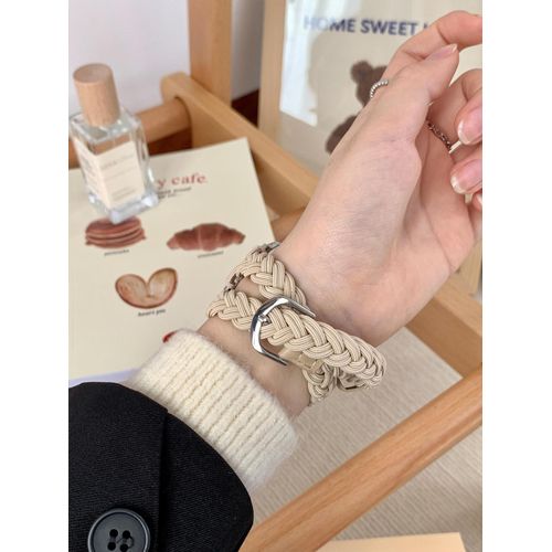 Applicable Au Bracelet Apple Watch Tressé Double Boucle S8 Bracelet Apple Watch Iwatch Femme 44 Mm Nylon Cuir-Tresse Élastique Double Boucle - Kaki - 38 Mm/40 Mm/41 Mm