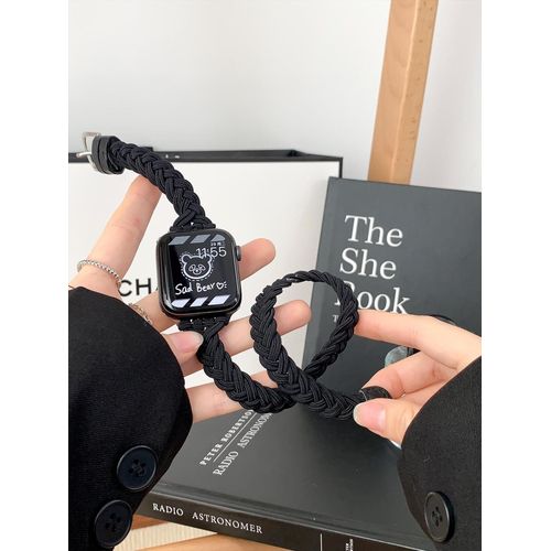Applicable Au Bracelet Apple Watch Tressé Double Boucle S8 Bracelet Apple Watch Iwatch Femme 44 Mm Nylon Cuir-Tresse Élastique Double Boucle - Noire - 42 Mm/44 Mm/45 Mm/49 Mm