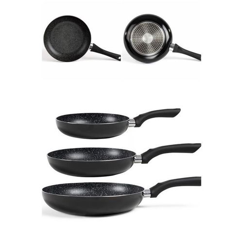 Set De 3 Poêles Intérieur Antiadhésif Finition Aspect Pierre Noire 20-24-28cm - Induction