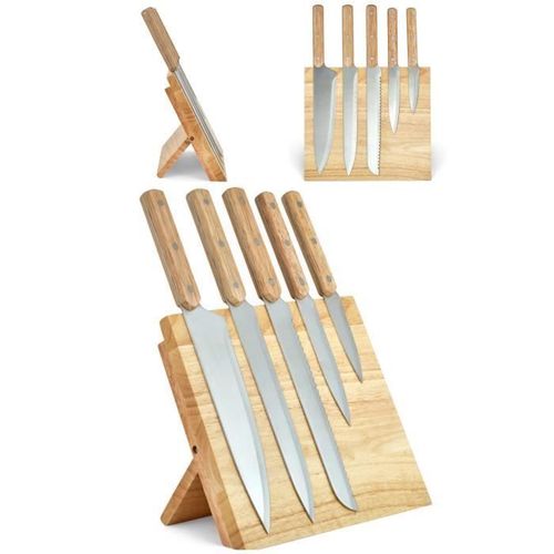 Set De 5 Couteaux En Acier Inoxydable Avec Support Magnétique En Hévéa - Livoo