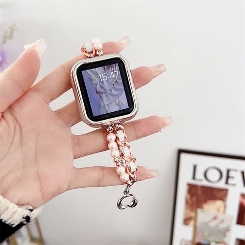 Applicable À Apple Watch Avec Bracelet En Cuir De Style Petit Parfum De Perle De Haute Qualité Petite Taille Mince Niche Féminine Bracelet De Montre S9-Or Rose - 38 Mm/40 Mm/41 Mm