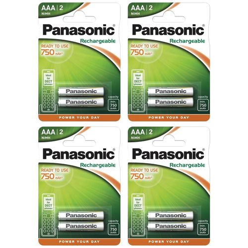 Panasonic Lot de 4 Blisters de 2 Piles Rechargeable DECT AAA (Micro)/HR03 750 mAh 1,2V