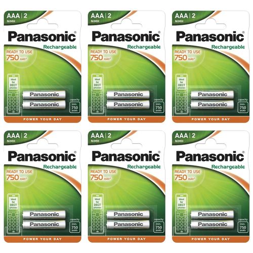 Panasonic Lot de 6 Blisters de 2 Piles Rechargeable DECT AAA (Micro)/HR03 750 mAh 1,2V