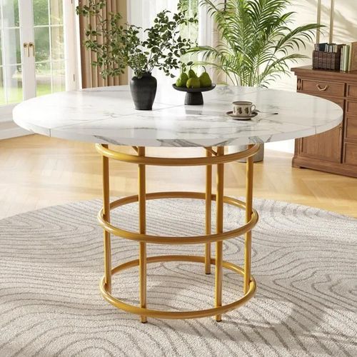 Table Ronde (100 X 100 X 76 Cm), Table De Cuisine, Plateau Mdf Marbré, Pieds Dorés
