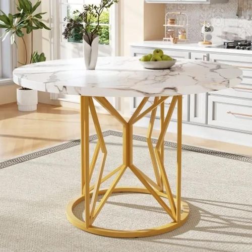 Table De Salle À Manger Ronde (100 X 100 X 76 Cm) Avec Plateau En Mdf Marbré Avec Motif Doré.