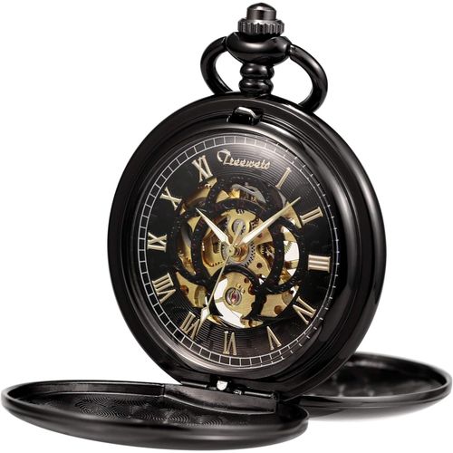 Montre De Poche, Unisexe, Avec Chaîne À Remontage Analogique, Mécanique Et Double Charnière, Motif Romain Gravé, Antique, Noire