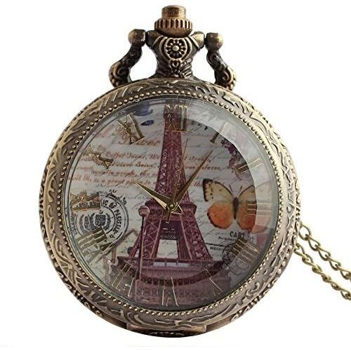 Montre De Poche Pendentif Tour Eiffel Papillon Dessin Chiffres Romains Rayure Gravé Quartz Collier Alliage Bronze Montre De Gousset Fantaisie Cadeau Homme Femme