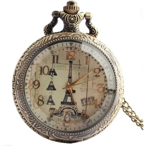 Montre De Poche Pendentif Paris Tour Eiffel Dessin Chiffres Arabes Rayure Gravé Quartz Collier Alliage Bronze Montre De Gousset Fantaisie Rétro Cadeau Homme Femme