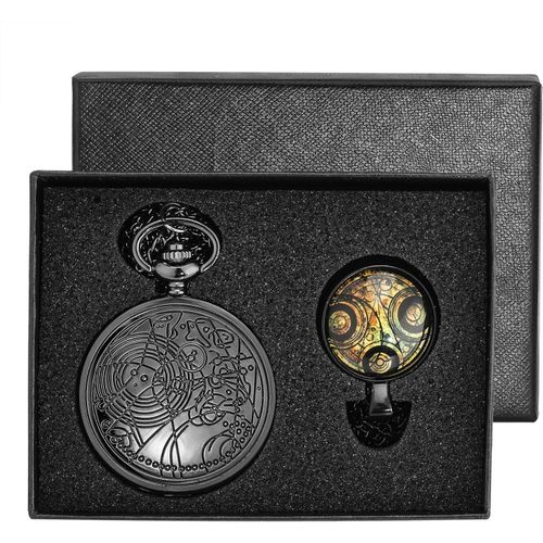 Black Doctor Who Retro Dr Who Montre De Poche Avec Chaîne Homme Garçon Collier Pendentif Boîte Cadeau