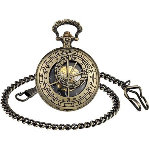 - Homme - Montre De Poche Avec Chaîne - Analogique - Remontage Manuel - 12 Constellation - Montre Mécanique Creuse - Bronze