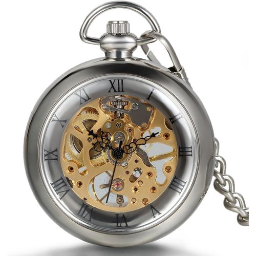 Montre De Poche Gousset Squelette Mécanique Manuel Transparente Chiffres Romains Pendentif Collier Alliage Pour Homme Femme Chaîne Longueur 38cm