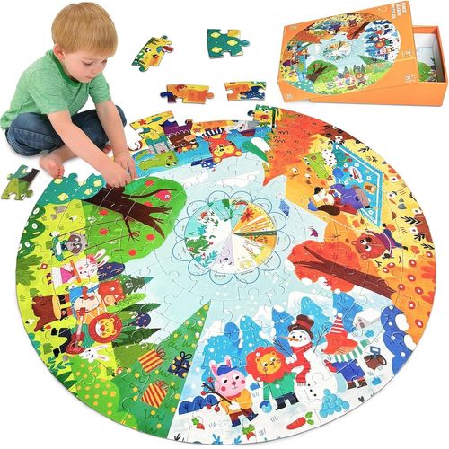 Puzzle Enfant 3 4 5 6 Ans, 88 Pièces Puzzle Jeux, Puzzle Animaux De La Forêt Quatre Saisons, Grand Rond Puzzle, Cadeau De Puzzle Pour Les Garçons Et Les Filles De 3-7 Ans, 53x53 Cm