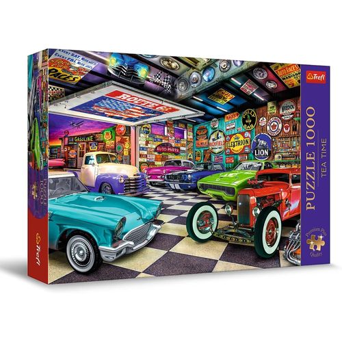 Premium Plus Quality - Puzzle Tea Time : Garage Du Collectionneur De Voitures - 1000 Pièces, Série D'images Nostalgiques Peintes, Pour Adultes Et Enfants À Partir De 12 Ans