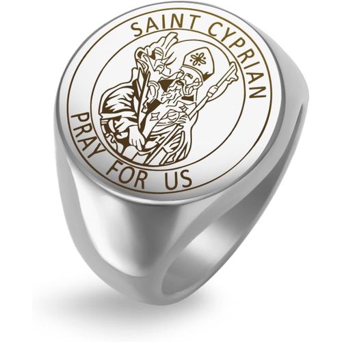 Amaxer Bague Chevalière Saint Cyprien Pour Homme Saints Protection Religieuse Amulette Acier Inoxydable Punk Déclaration Bague