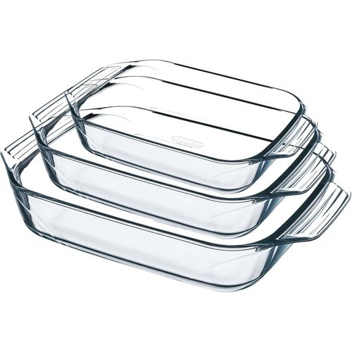 - Lot De 3 Plats À Four - Rectangulaire - Larges Poignées - Format Familial - Verre Borosilicate - Extrême Résistance - Made In France