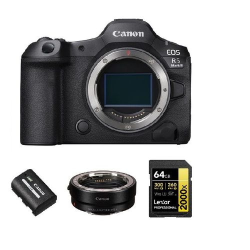 Canon EOS R5 II Boîtier+ Canon LP-E6P batterie + EF-EOS R monture+carte mémoire Lexar SDXC 64 Go Professional 2000x UHS-II