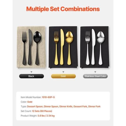 Ménagère-Vevor-60 Pièces Avec Couteau, Fourchette, Cuillère-Pour Cuisine, Maison, 12 Personnes-Or