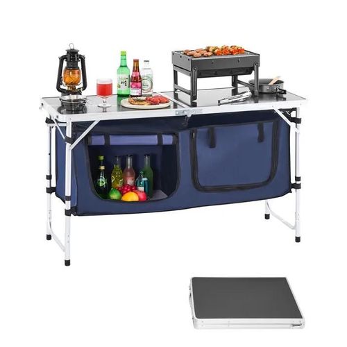 Cuisine De Camping-Vevor-3 Hauteurs Réglables-Table De Cuisson Extérieur Pliante-Avec Organisateur De Rangement-Bleu
