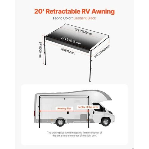 Auvent Voiture Camping-Car Caravane Latéral-Vevor-610 Cm-Pare-Soleil Imperméable-Rétractable Et Modulaire-Noir Dégradé