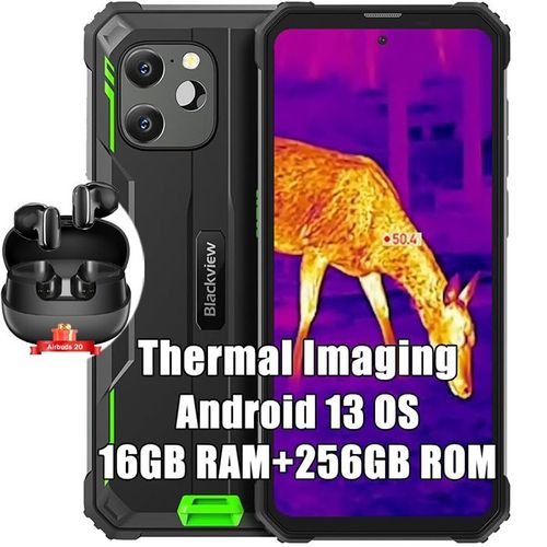 Téléphone Portable Incassable Blackview BV8900 Android 13 6,5" 2,4K 16Go+256Go 64MP FLIR 10380mAh NFC Vert avec Blackview Airbuds 20