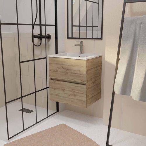 Meuble De Salle De Bains 50 Cm Timber - Décor Chêne Naturel 2 Tiroirs Avec Vasque Blanche