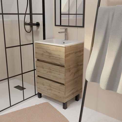 Meuble De Salle De Bains 50 Cm Timber - Décor Chêne Naturel 3 Tiroirs Avec Vasque Blanche