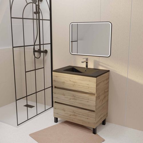 Meuble De Salle De Bains Suspendu 70 Timber Décor Chêne 3 Tiroirs Vasque Noire Et Miroir Led 70x50
