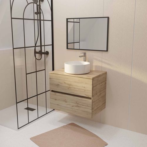 Meuble De Salle De Bains 70 Cm Timber Décor Chêne 2 Tiroirs Vasque Blanche Sur Plan Et Miroir 70x50
