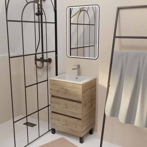 Meuble De Salle De Bains 50cm Timber - 3 Tiroirs Décor Chêne, Vasque Blanche Et Miroir Led 50x70 Cm