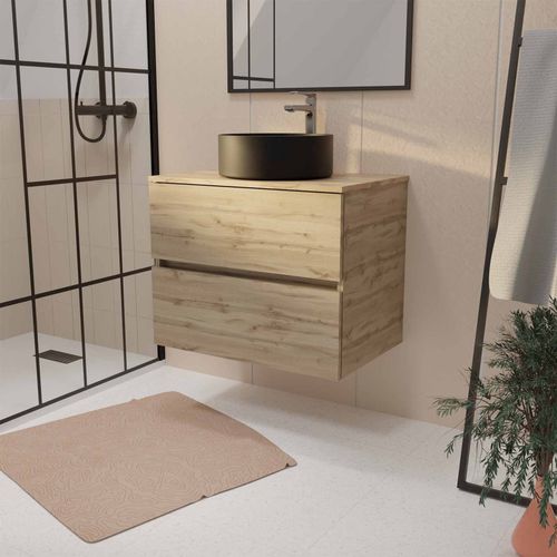 Meuble De Salle De Bains Suspendu 70cm Timber Décor Chêne 2 Tiroirs Vasque Noire À Poser