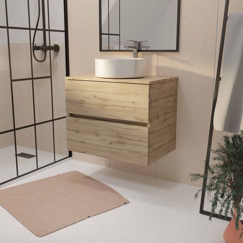 Meuble De Salle De Bains Suspendu 70cm Timber Décor Chêne 2 Tiroirs Vasque Blanche À Poser