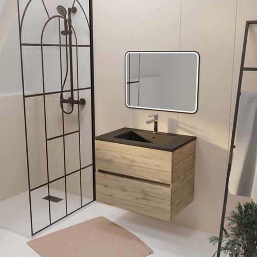 Meuble De Salle De Bains Suspendu 70 Timber Décor Chêne 2 Tiroirs Vasque Noire Et Miroir Led 70x50