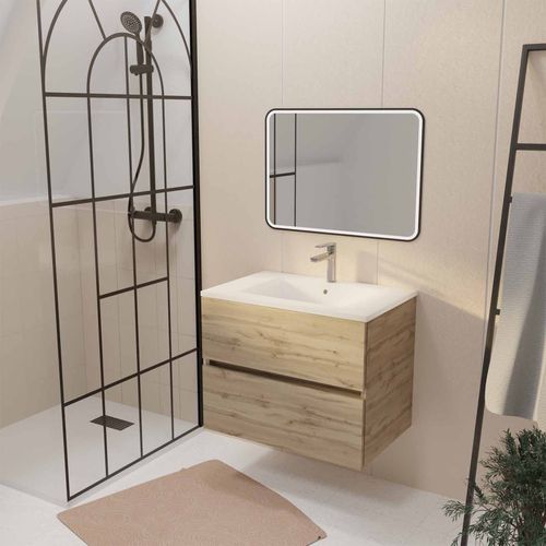Meuble De Salle De Bains Suspendu 70 Timber Décor Chêne 2 Tiroirs Vasque Blanche Et Miroir Led 70x50