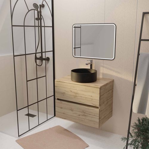 Meuble De Salle De Bains 70cm Timber Décor Chêne 2 Tiroirs Vasque Noire Sur Plan Et Miroir Led 70x50