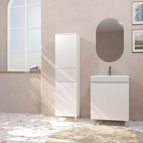 Colonne De Salle De Bain En Mélaminé Blanc - 35x32x150 Cm - 2 Portes + 1 Tiroir