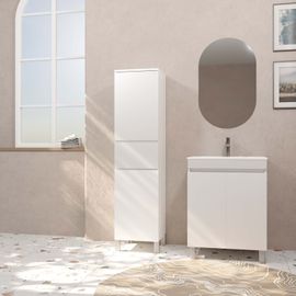Colonne De Salle De Bain En Mélaminé Blanc - 35x32x150 Cm - 2 Portes + 1 Tiroir