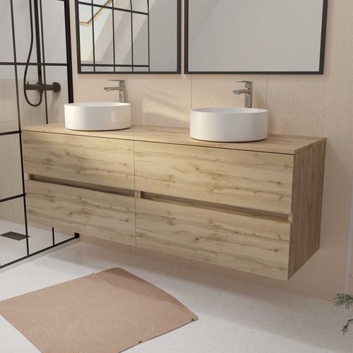 Meuble De Salle De Bains 160 Timber Décor Chêne - 4 Tiroirs - 2 Vasques Rondes Blanches
