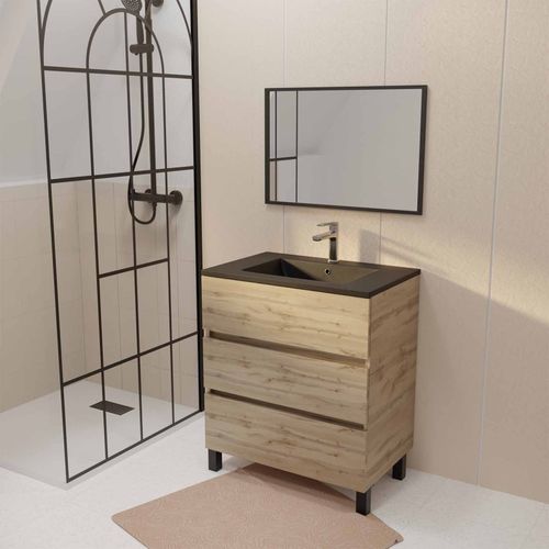Meuble De Salle De Bains 70 Cm Timber - Décor Chêne Naturel 3 Tiroirs Avec Vasque Noire