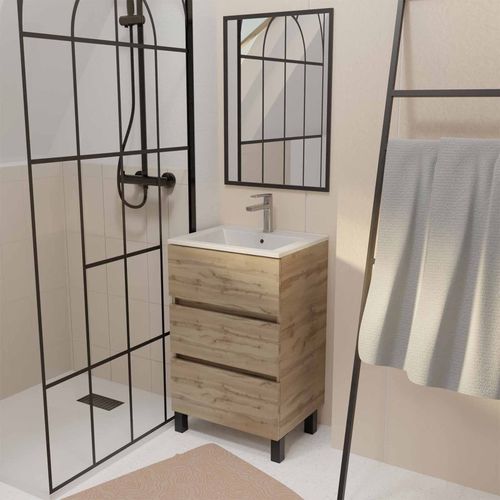 Meuble De Salle De Bains 50cm Timber - 3 Tiroirs Décor Chêne - Vasque Blanche Et Miroir Cadre Noir